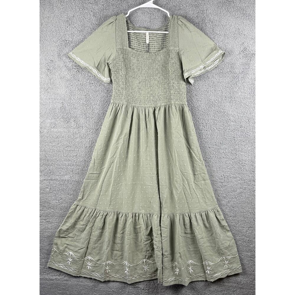 Glamaker Women's Large Sage Green Smocked Square Neck A Line Flowy Midi Dress